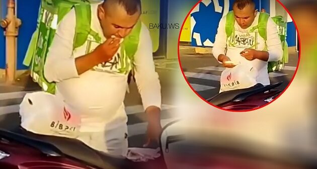 Bakıda kuryer müştərinin sifarişini yedi – VİDEO