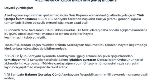 Milli Hərəkatçılar Birliyindən 15 Sentyabr – Bakının Qurtuluş Günü ilə bağlı TƏKLİF