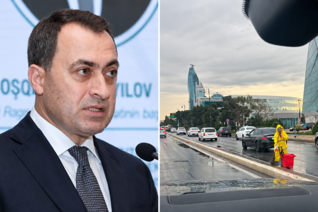 Coşqun Cəbrayılov yağışlı havada yolları süpürtdürür – Foto